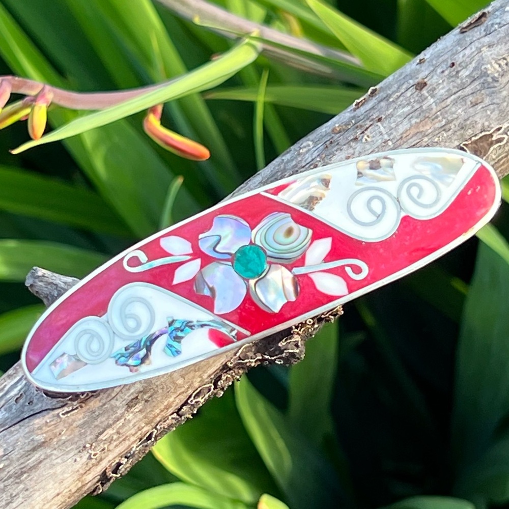 Vintage Alpaca Mexico Silver Abalone & Mother of Pearl Inlaid Hair Barrette